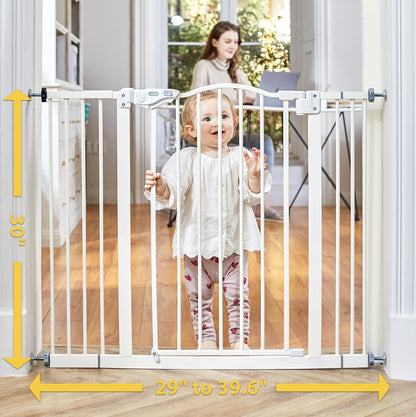 Versatile 29-39.6" Baby Gate for Pets - Auto Close, One-Hand Opening, and 30" Tall Safety Design for Stairs, Hallways, and Bedrooms - Easy Pressure Mount Installation in Elegant White