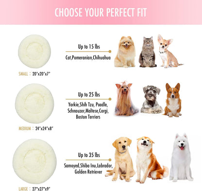 Cozy Anti-Anxiety Round Plush Faux Fur Dog & Cat Bed - Warm, Washable Comfort for Small & Medium Pets (27", White)