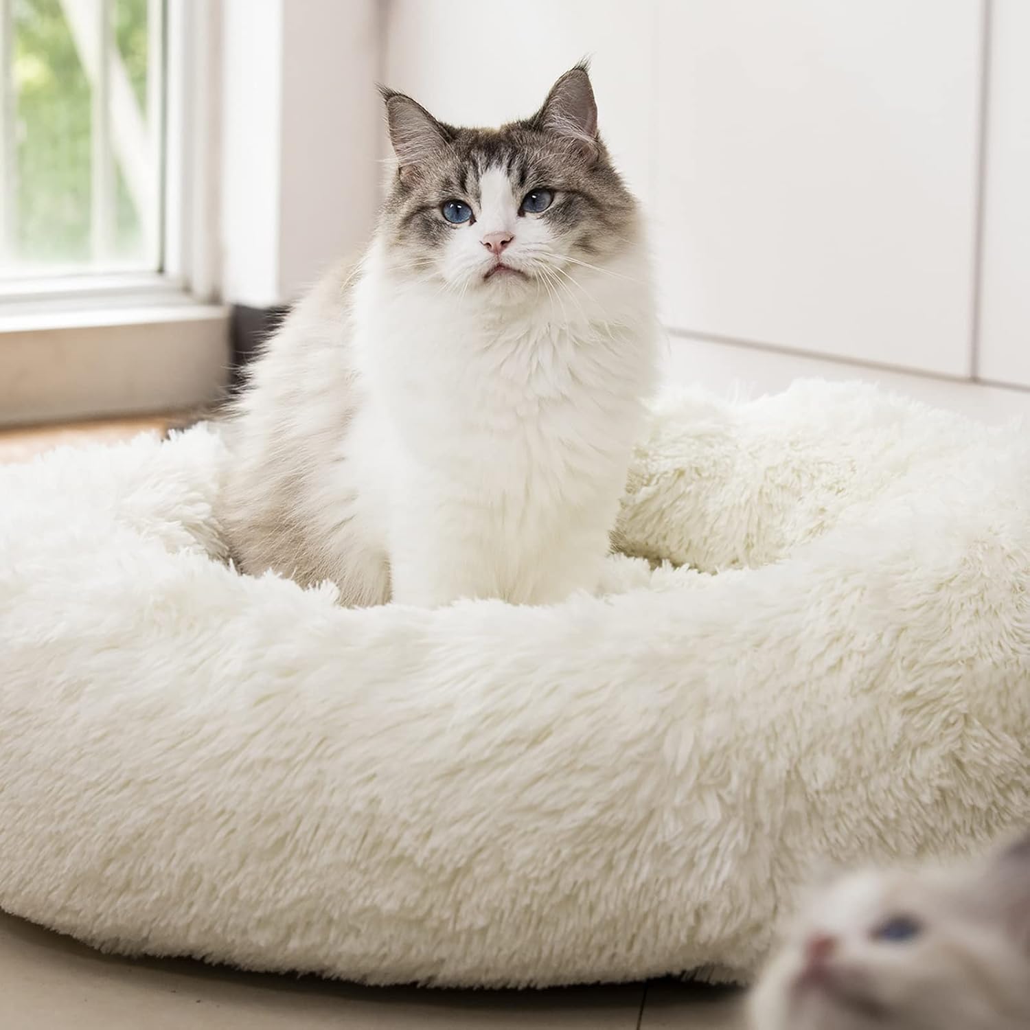 Cozy Anti-Anxiety Round Plush Faux Fur Dog & Cat Bed - Warm, Washable Comfort for Small & Medium Pets (27", White)