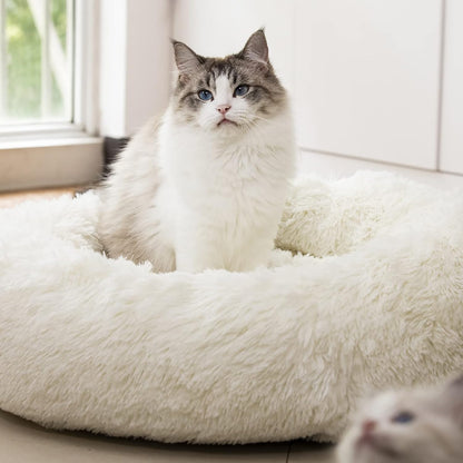 Cozy Anti-Anxiety Round Plush Faux Fur Dog & Cat Bed - Warm, Washable Comfort for Small & Medium Pets (27", White)