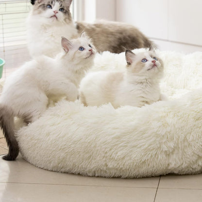 Cozy Anti-Anxiety Round Plush Faux Fur Dog & Cat Bed - Warm, Washable Comfort for Small & Medium Pets (27", White)